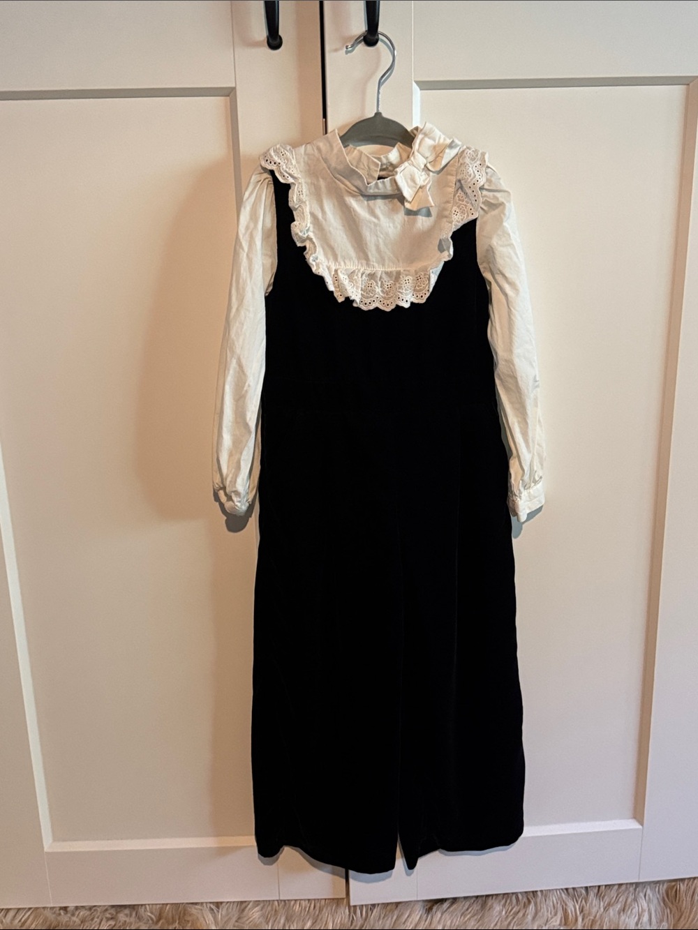 Janie and Jack Black Velvet Jumpsuit with White Lace Bib